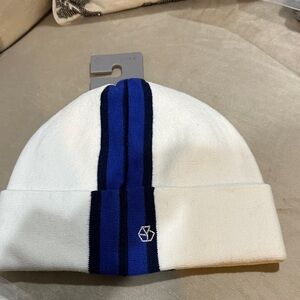 BRUME White Knit Beanie with Blue Stripes